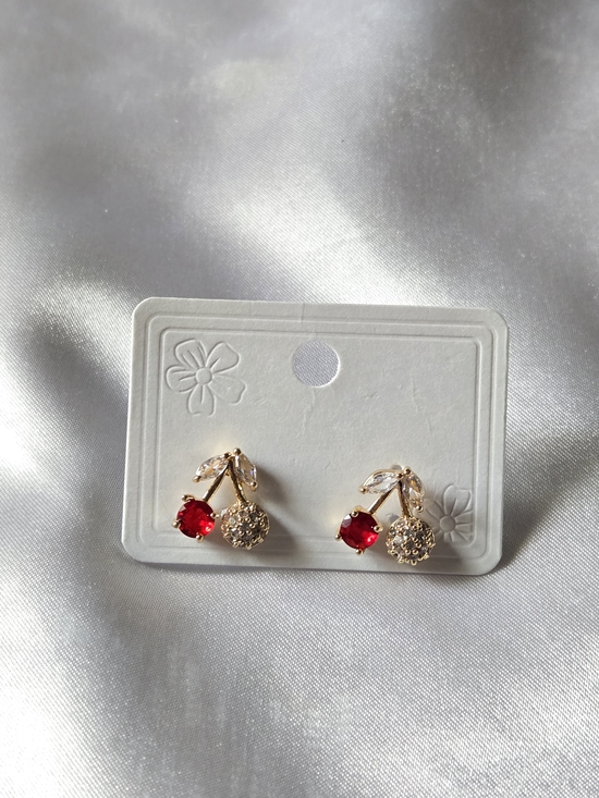 None Jewelry - Gold Cherry Stud Earrings with Red Crystal Accent NWOT